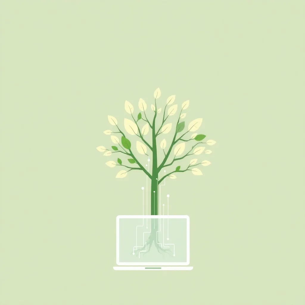 Image minimaliste d'un arbre avec des feuilles numériques, reliée à un ordinateur portable, symbolise le design web durable