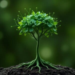 L'illustration abstraite d'un arbre vert qui se transforme en lignes de réseau numérique symbolise le design web durable