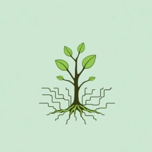 Illustration d'un arbre avec des racines qui se fondent dans un réseau de puces informatiques et de structures de serveurs, symbolisant le design web durable