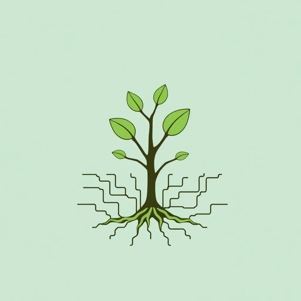 Illustration d'un arbre avec des racines qui se fondent dans un réseau de puces informatiques et de structures de serveurs, symbolisant le design web durable
