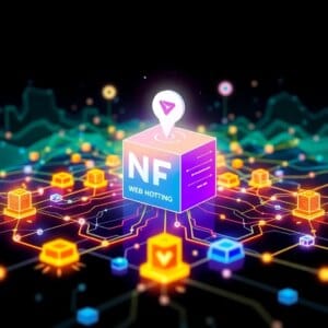 Représentation abstraite des NFT et de l'hébergement web avec des éléments en réseau