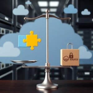 Balance avec puzzle open source et serrure propriétaire sur fond de rack de serveurs