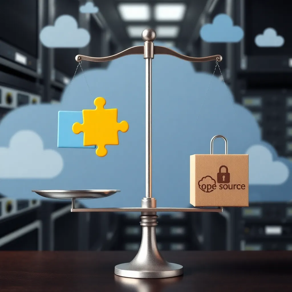 Balance avec puzzle open source et serrure propriétaire sur fond de rack de serveurs