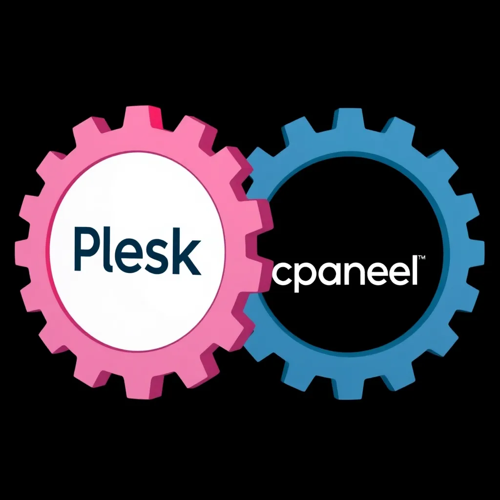 Représentation abstraite de Plesk et de cPanel comme des engrenages qui s'emboîtent les uns dans les autres