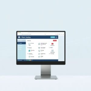 Interface utilisateur Plesk sur un écran d'ordinateur avec des icônes pour les fonctions d'hébergement