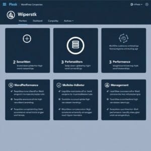 Tableau de bord du Plesk WordPress Toolkit avec différentes fonctions comme la sécurité, la performance et la gestion multisite