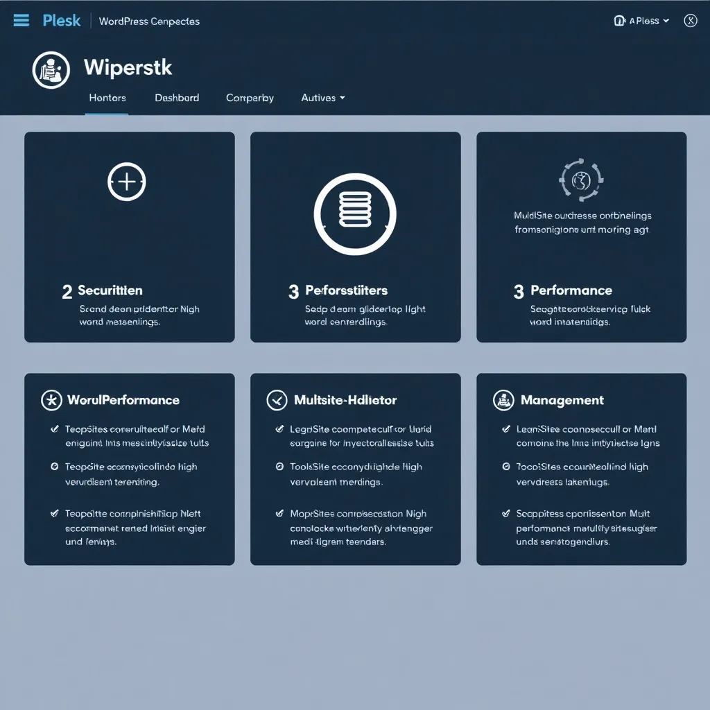 Tableau de bord du Plesk WordPress Toolkit avec différentes fonctions comme la sécurité, la performance et la gestion multisite