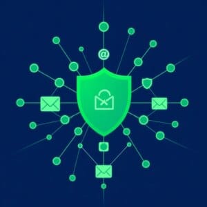 Réseau abstrait d'e-mails, protégé par un bouclier de sécurité, symbolise une configuration Postfix sûre et performante