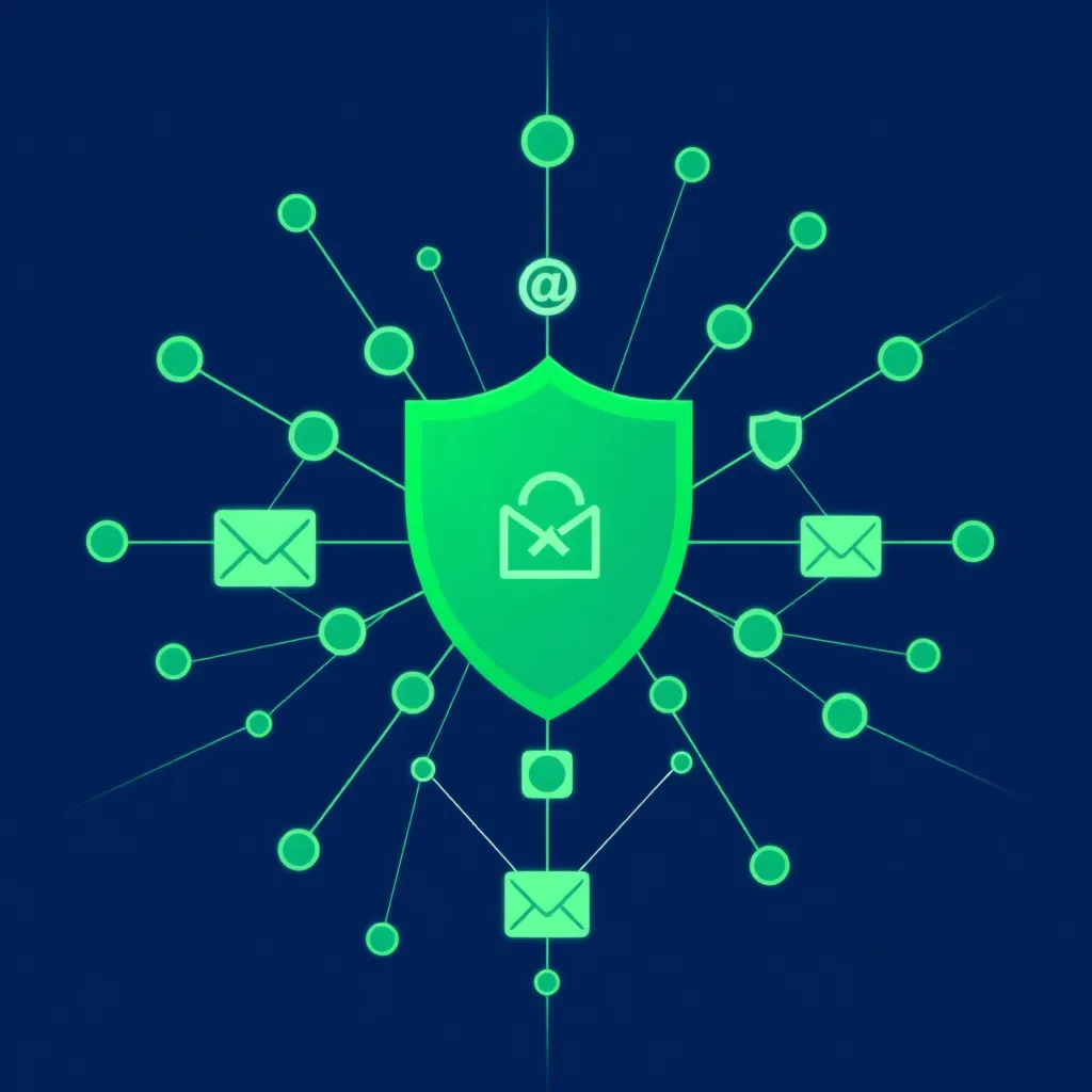 Réseau abstrait d'e-mails, protégé par un bouclier de sécurité, symbolise une configuration Postfix sûre et performante