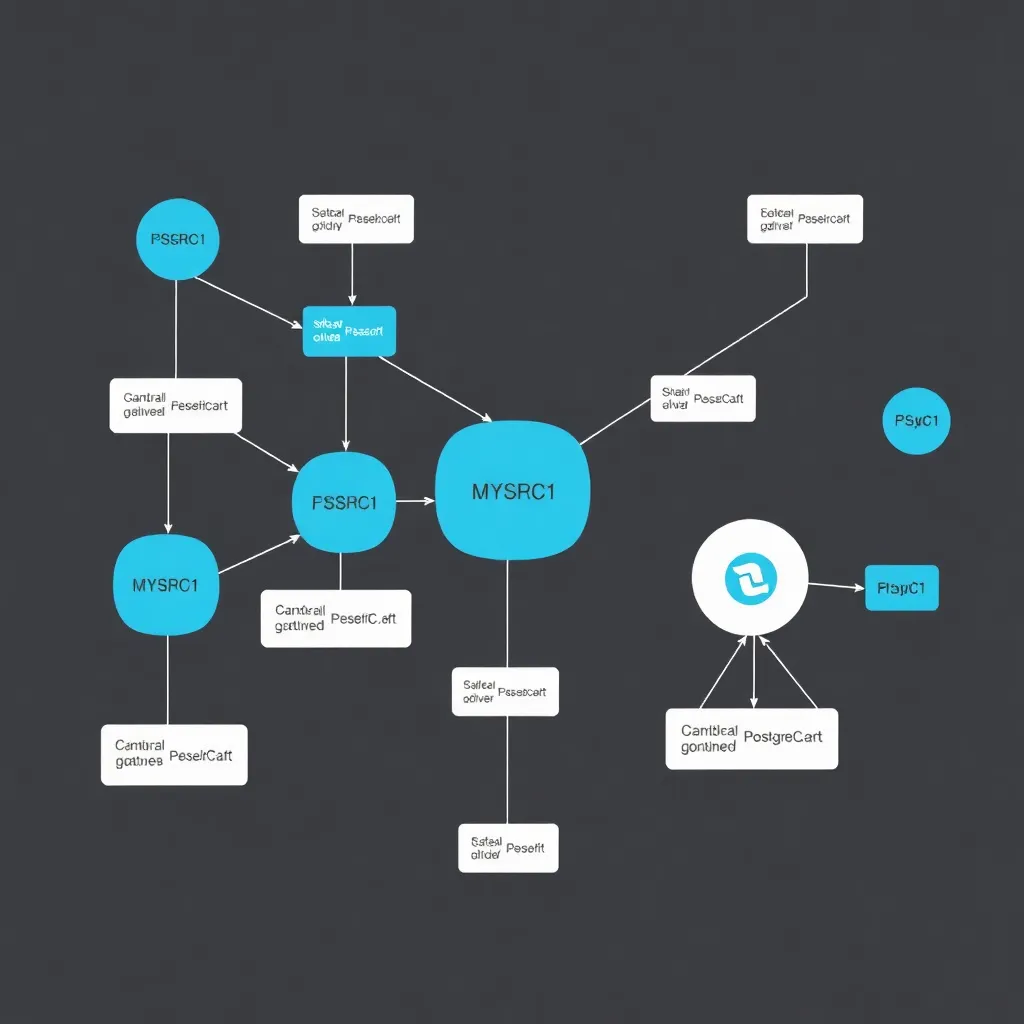 Représentation abstraite des bases de données PostgreSQL et MySQL avec nœuds et flux de données connectés
