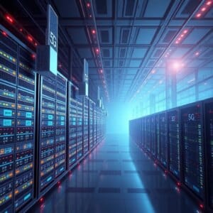Un centre de données moderne avec des antennes et des serveurs 5G, qui présente des connexions à haut débit et une technologie avancée