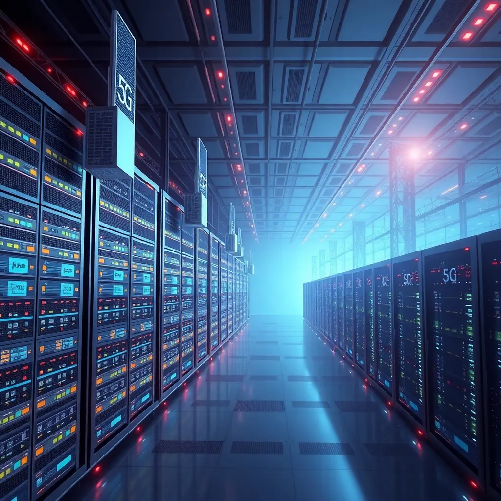Un centre de données moderne avec des antennes et des serveurs 5G, qui présente des connexions à haut débit et une technologie avancée