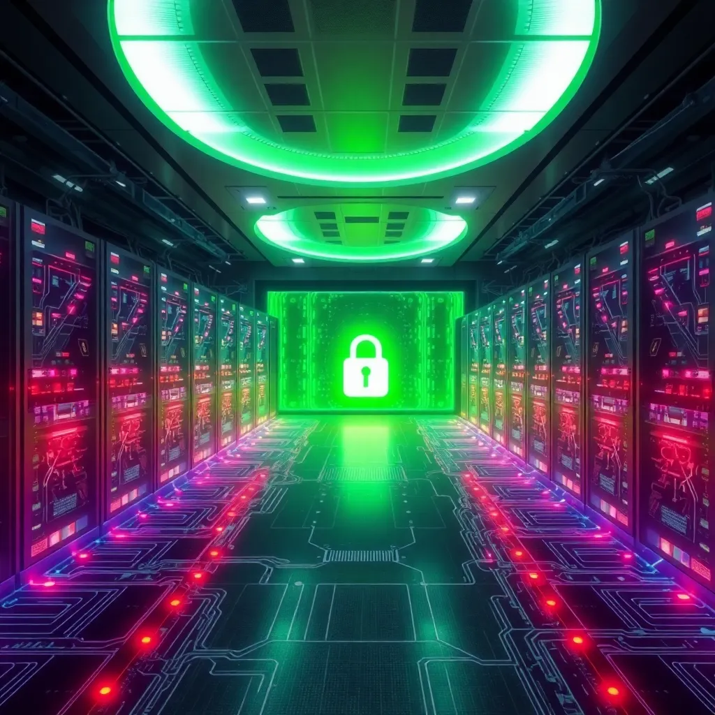 Un centre de données futuriste avec des ordinateurs quantiques et des flux de données cryptés