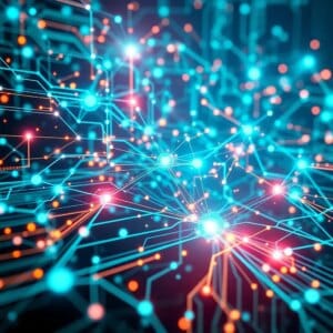 Représentation abstraite de l'informatique quantique et de la cybersécurité avec des nœuds et des flux de données interconnectés