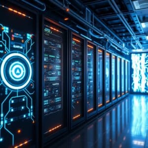 Ferme de serveurs futuriste avec des processeurs quantiques et des motifs lumineux pour le cryptage quantique