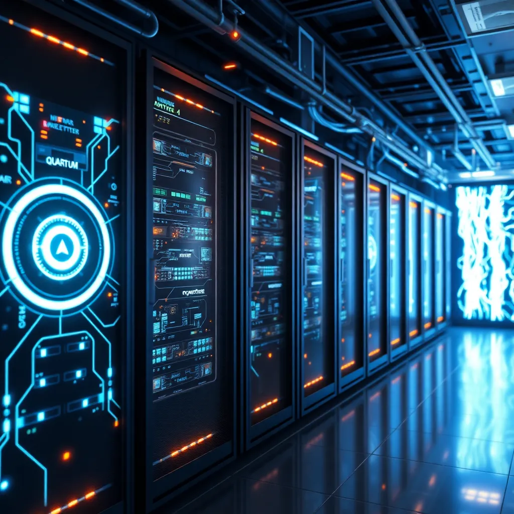 Ferme de serveurs futuriste avec des processeurs quantiques et des motifs lumineux pour le cryptage quantique