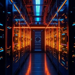 Une salle de serveurs futuriste avec des processeurs quantiques lumineux et des flux de données
