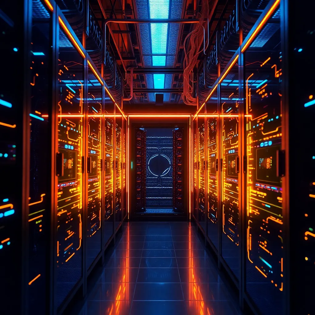 Une salle de serveurs futuriste avec des processeurs quantiques lumineux et des flux de données
