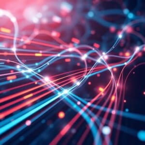 Visualisation abstraite du réseau avec des flux de données se déplaçant rapidement, représentant la vitesse et l'efficacité du protocole QUIC