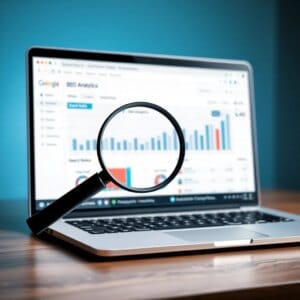 Tableau de bord SEO sur ordinateur portable avec loupe pour les clients d'hébergement web