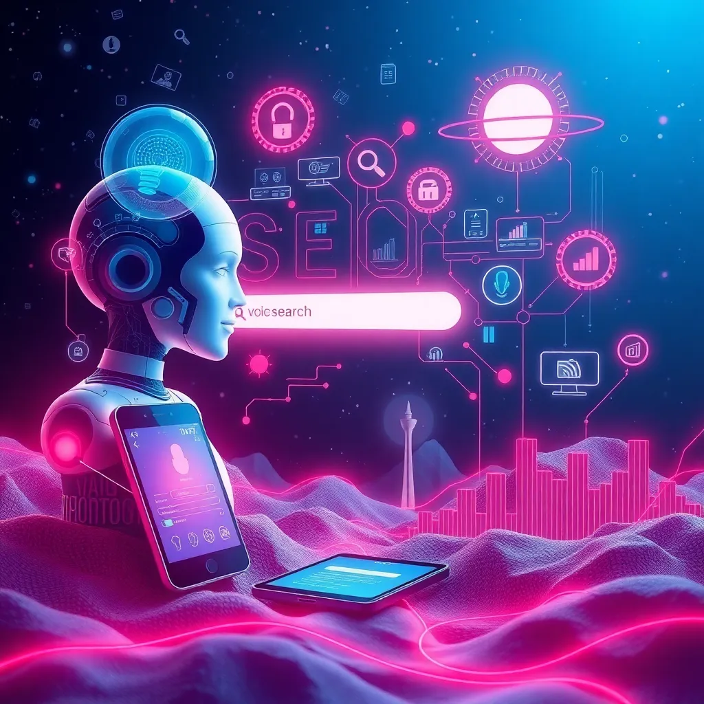 Paysage numérique futuriste avec IA, recherche vocale et éléments de référencement pour 2025