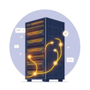 Optimisation SEO pour les fournisseurs d'hébergement web : Rack de serveurs avec éléments SEO