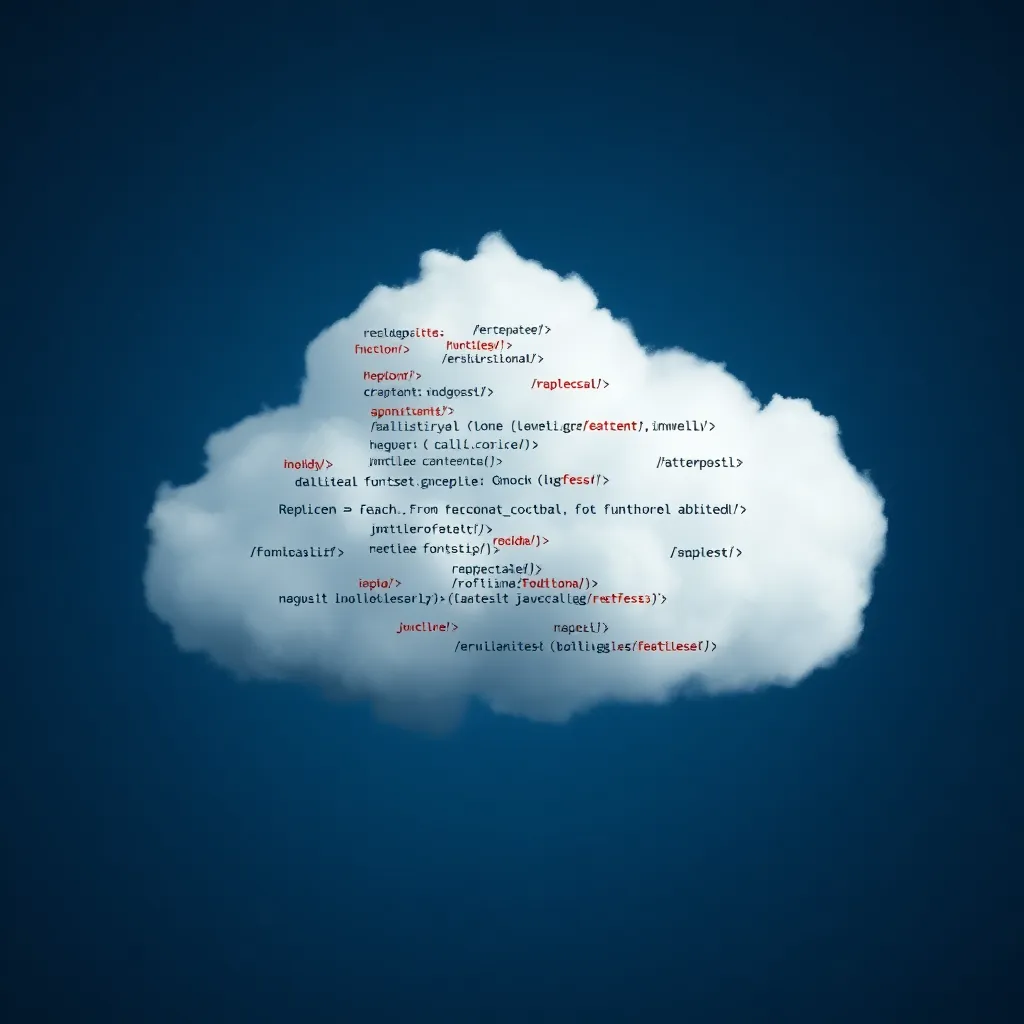 Représentation abstraite de l'informatique sans serveur avec des fragments de code flottant dans un nuage