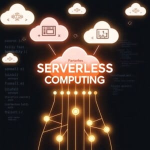 Représentation abstraite du concept de Serverless Computing avec des icônes de cloud et des nœuds en réseau