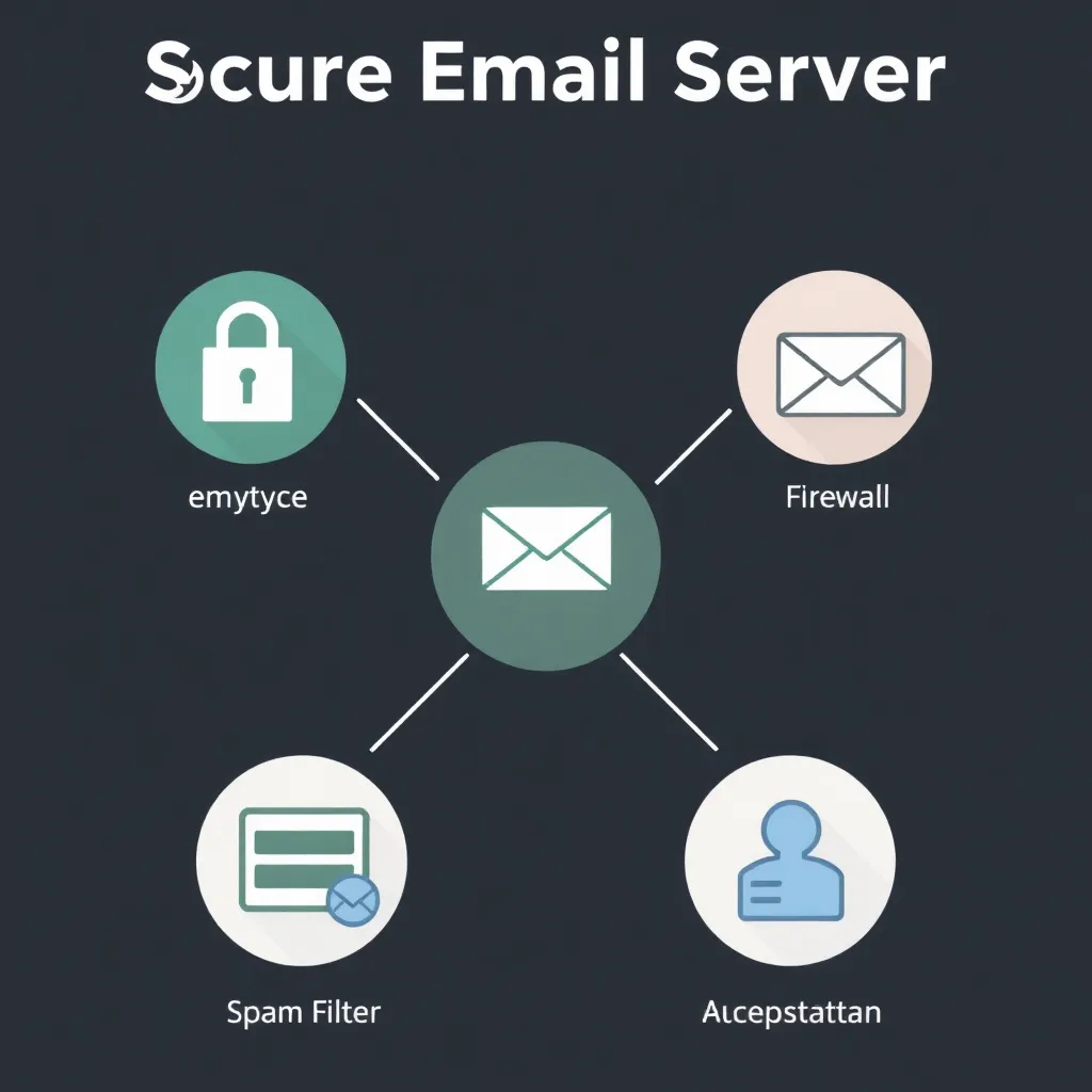 Diagramme de configuration d'un serveur de messagerie sécurisé avec icônes de chiffrement, de pare-feu, de filtre anti-spam et de protocoles d'authentification
