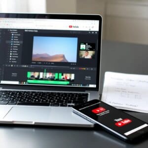 Optimisation SEO vidéo pour les fournisseurs d'hébergement : Ordinateur portable avec éditeur vidéo et outils SEO