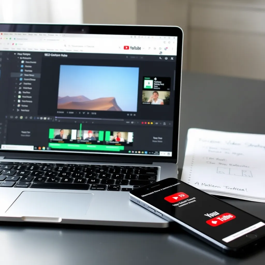 Optimisation SEO vidéo pour les fournisseurs d'hébergement : Ordinateur portable avec éditeur vidéo et outils SEO