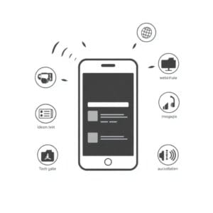 Smartphone avec ondes sonores et icônes de contenu web pour illustrer l'optimisation de la recherche vocale