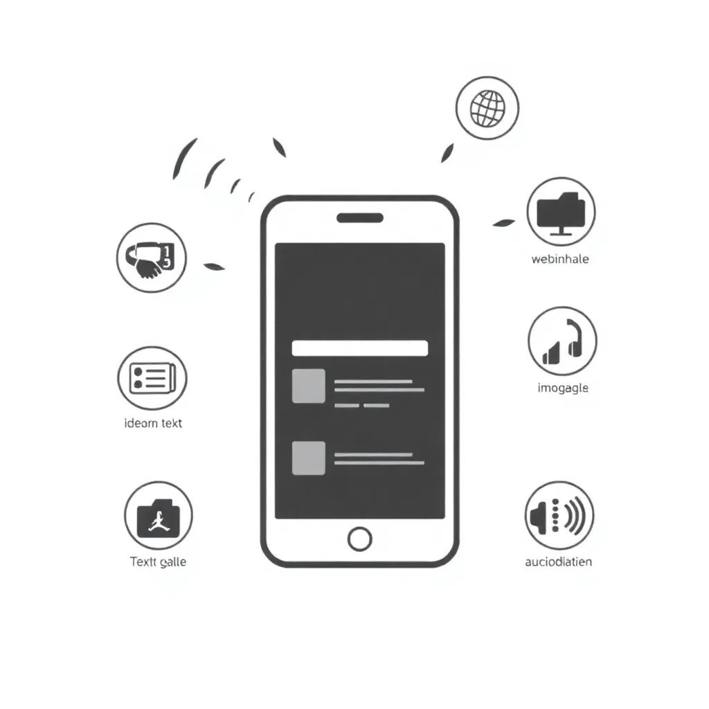 Smartphone avec ondes sonores et icônes de contenu web pour illustrer l'optimisation de la recherche vocale