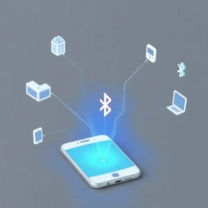 Représentation 3D d'un smartphone qui se connecte à différents appareils IoT via Bluetooth