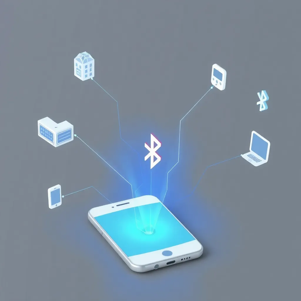 Représentation 3D d'un smartphone qui se connecte à différents appareils IoT via Bluetooth