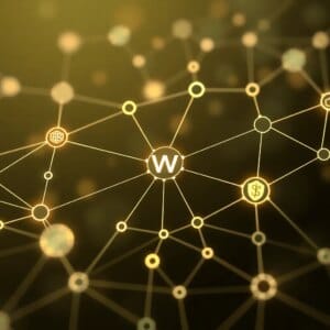 Présentation abstraite des technologies Web3 et des réseaux de chaînes de blocs qui s'associent à une interface de site Web moderne
