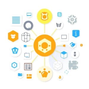 Représentation abstraite des outils de développement web avec des icônes pour les IDE, les outils frontaux et back-end, le contrôle de version et les tests