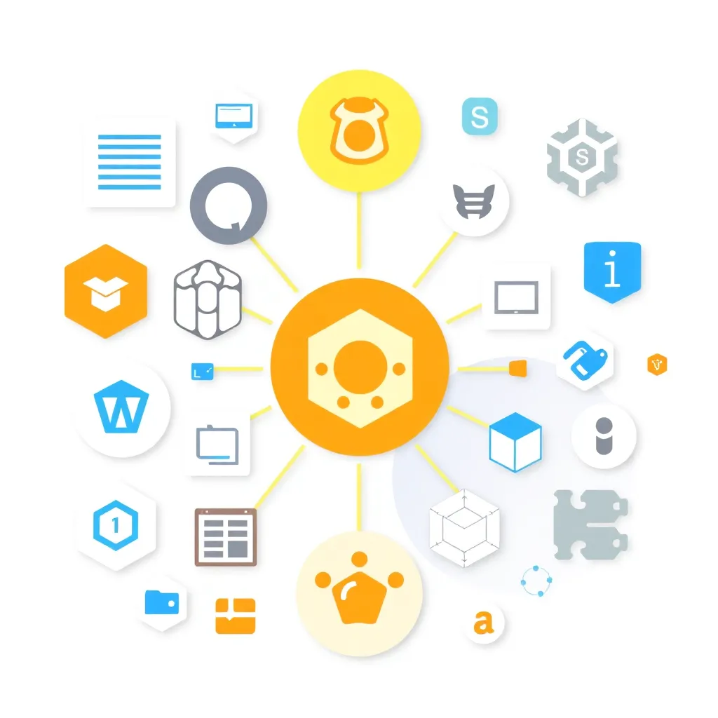 Représentation abstraite des outils de développement web avec des icônes pour les IDE, les outils frontaux et back-end, le contrôle de version et les tests