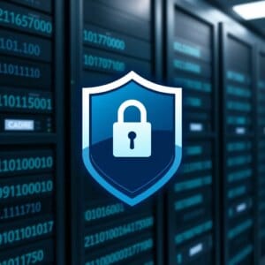 Protection des données et sécurité dans l'hébergement web symbolisées par un bouclier et un cadenas