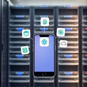 Smartphone avec icônes d'application de gestion d'hébergement web et serveurs en arrière-plan