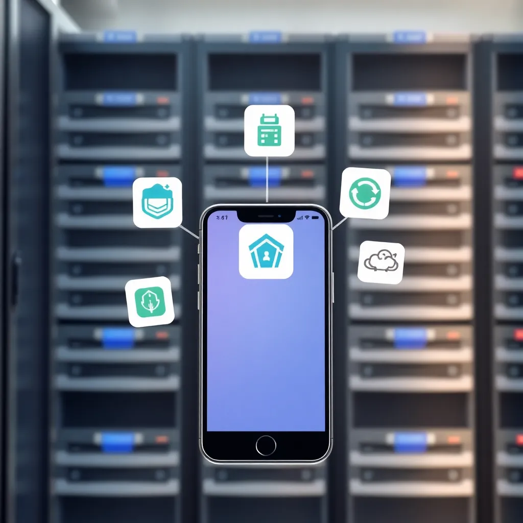 Smartphone avec icônes d'application de gestion d'hébergement web et serveurs en arrière-plan
