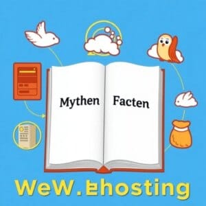 Illustration d'un livre avec une balance qui oppose les mythes et les faits sur l'hébergement web