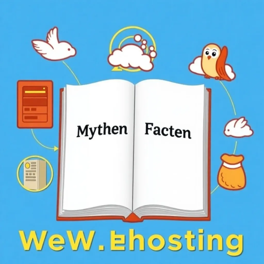 Illustration d'un livre avec une balance qui oppose les mythes et les faits sur l'hébergement web