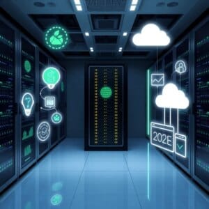 Paysage de serveurs futuriste 2025 avec IA, Edge Computing et technologies vertes