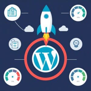 Logo WordPress sur une fusée, entouré d'icônes de mise en cache pour représenter l'optimisation de la vitesse du site Web