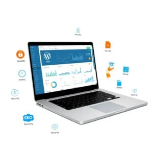 Tableau de bord WordPress avec outils d'optimisation sur un ordinateur portable moderne