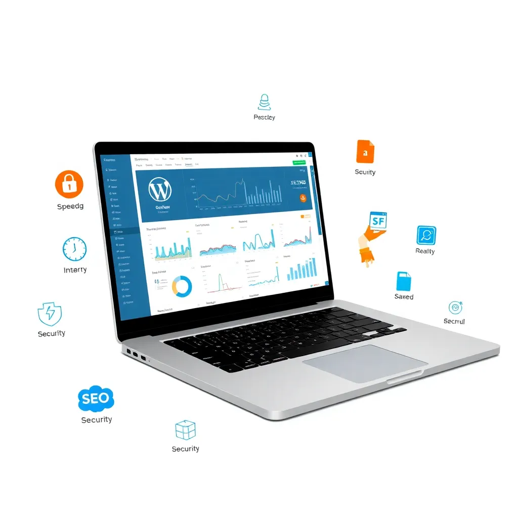 Tableau de bord WordPress avec outils d'optimisation sur un ordinateur portable moderne