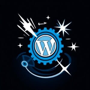 Représentation abstraite d'engrenages et d'éclairs pour symboliser l'optimisation des performances de WordPress