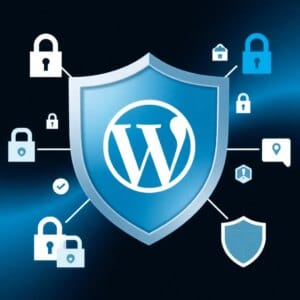 Plugins de sécurité WordPress visualisés par une icône de bouclier avec le logo WordPress et des icônes de sécurité
