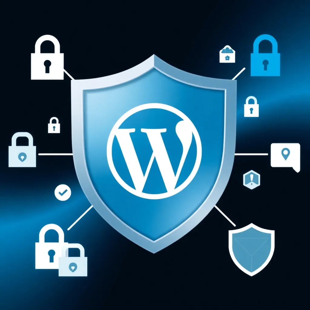Plugins de sécurité WordPress visualisés par une icône de bouclier avec le logo WordPress et des icônes de sécurité